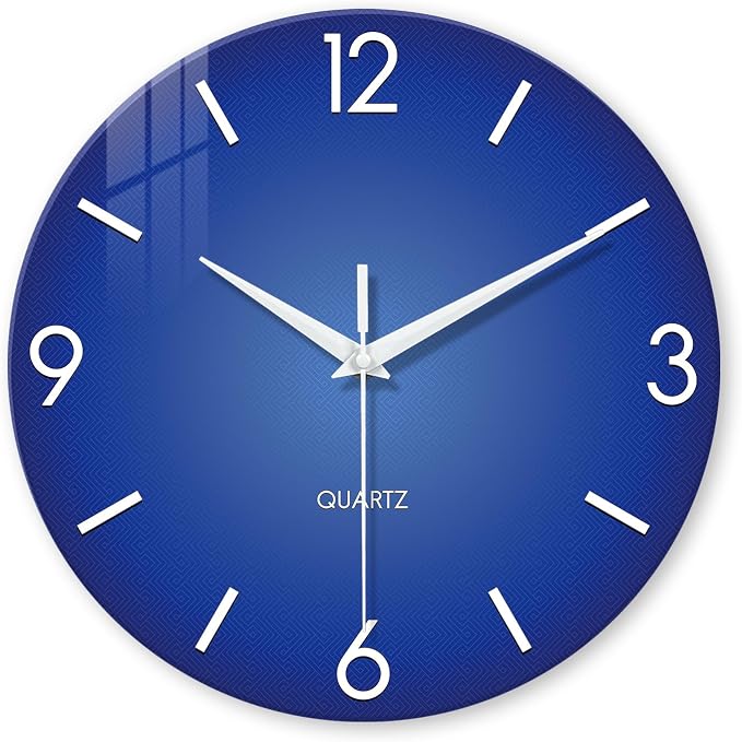 Large Blue Glass Wall Clock 20 Inch Modern | Battery Operated Silent Non Ticking Simple Minimalist Round Analog Decorative for Living Room Bedroom Kitchen
