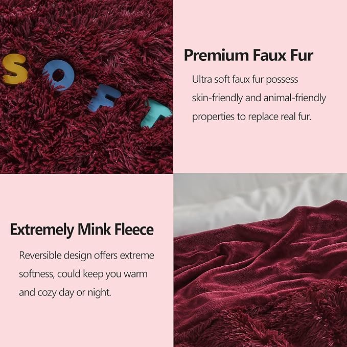 GONAAP Fuzzy Faux Fur Twin Blanket for Couch, Wine Red, 60"x80" | Warm Cozy Plush Shaggy Decorative Reversible Thick Non-Heated Fleece Blanket for Sofa Bed, Gift for Women Men, All Season Use