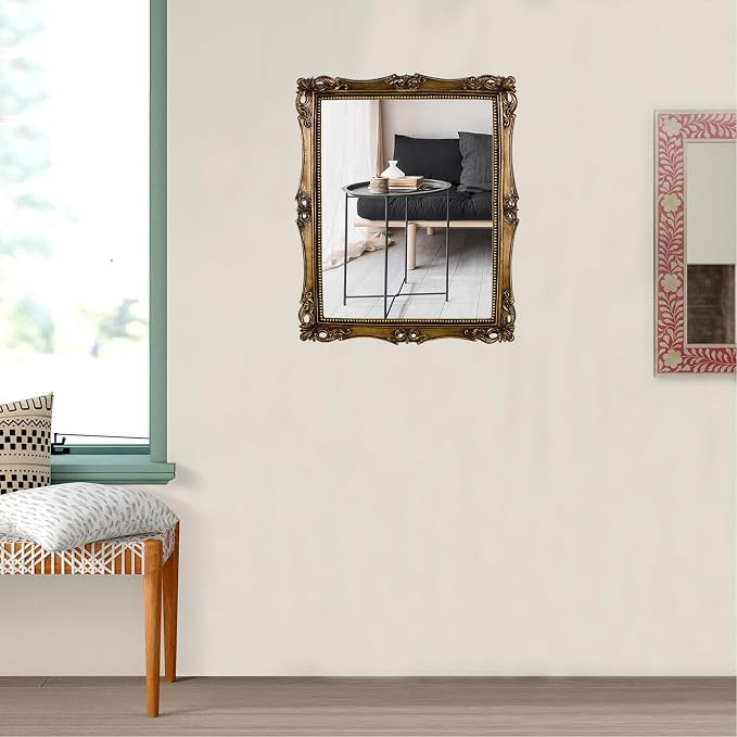 OIGUMR Vintage Square Wall Mirror,Vintage Gold, 16.5 x 13.5 inch