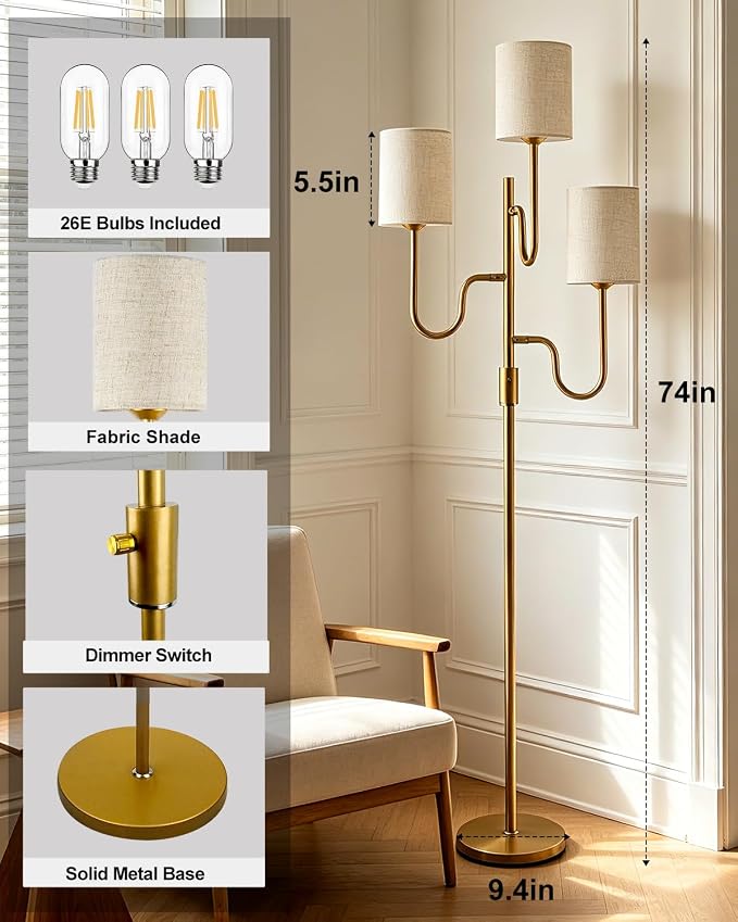 Lightdot 63IN Gold Floor Lamp Dimmable 3-Lights LED Floor Lamps with Cylinder Fabric Shade& Warm White Bulb for Wedding/Party 3-Arm Standing Tall Lamp for Living Room/Bedroom/Sofa Beside/Corner Decor