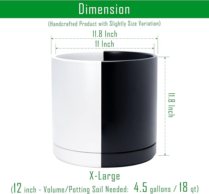 D'vine Dev 12 Inch Ceramic Planter Pot, Black White Split, 94-O-F-0 | Modern Cylinder Design, Drainage Hole & Saucer Included, Stable Structure, Elegant Home Accent