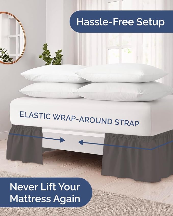 Wrap Around Dust Ruffle Bed Skirt - College Dorm Room - Twin/Twin XL | Dark Grey, 21 Inch Drop, Elastic Strap & Adjustable Pleated Bedskirt, Wrinkle Free, for Women, Men, Students, Kids & Teens