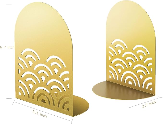QiMing Ukiyoe Auspicious Clouds Bookends for Books,1 Pair Metal Wavy Pattern Book Holders for Office Shelves Adults Gift(Gold)