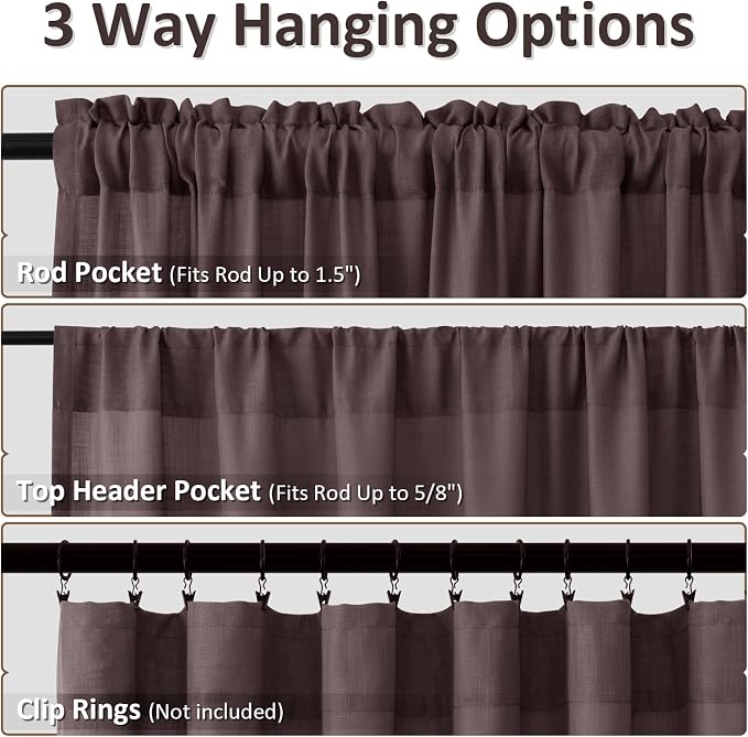 Coffee Brown Linen Curtains 108 Inches Long Rod Pocket Semi Sheer Dining Room Cozy Bedroom Decor Cotton Look Country Rustic Farmhouse Boho Curtains 2 Panel Set,52x108