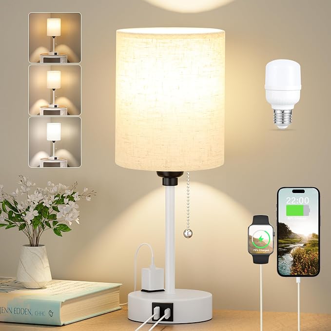 Small Bedside Table Lamp for Bedroom, Desk Lamp with USB Ports for Dorm