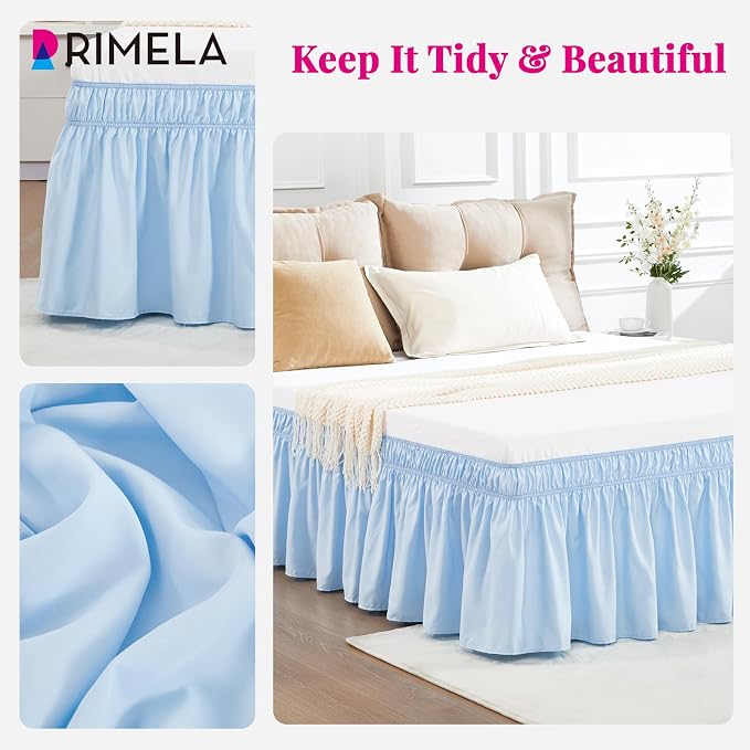 Light Blue Bed Skirt King Size 18" Drop, Elastic Wrap Around Bedskirt | Solid Ruffled, Easy to Use, No Mattress Lifting, Wrinkle & Fade Resistant, with Adhesive Strips, Machine Wash/Dry/Iron