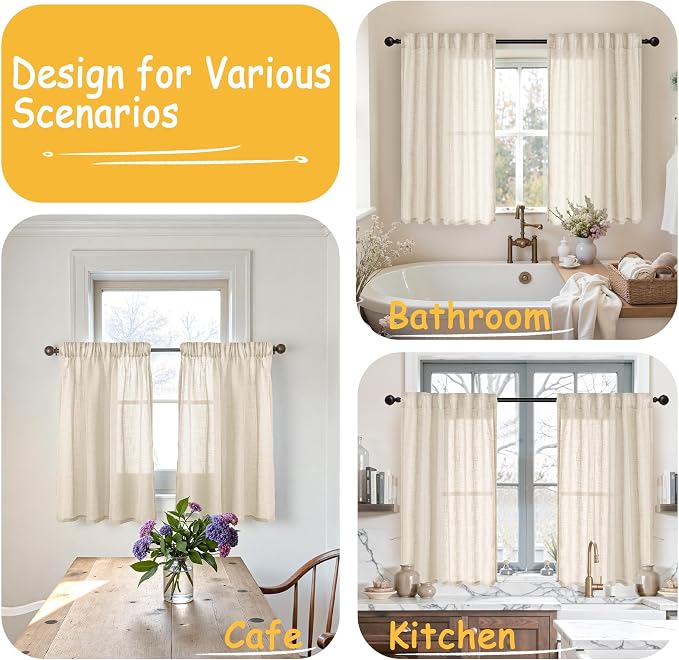 YoungsTex Linen Semi Sheer Curtains 45 Inches Long - Small Drapes Light Filtering with Rod Pocket Back Tab for Bathroom Windows Over Sink, Oatmeal, 2 Panels, 34 X 45 Inch