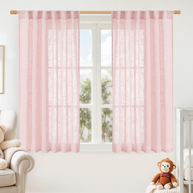 Pink Linen Curtains 54 Inch Length for Bedroom, 52 x 54 Inch | Light Filtering Panels, Semi Sheer, Rod Pocket Back Tab, Country Decor Drapes for Bathroom, Window, Living Room, 2 Panels