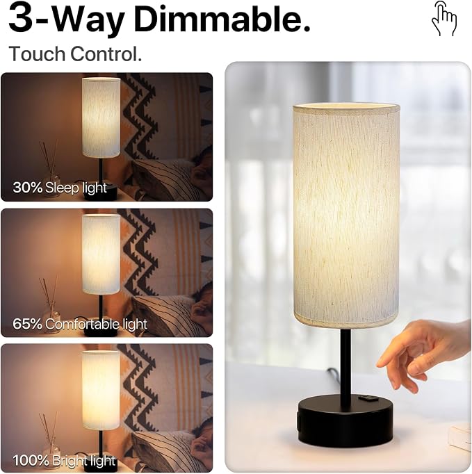 KPQ Bedside Lamp Touch Control Table Lamp with USB A+C Charging Ports & AC Outlet 3-Way Dimmable Nightstand Lamp with Linen Fabric Shade (Beige Shade-Black Base, 14" Small Size Touch Control)