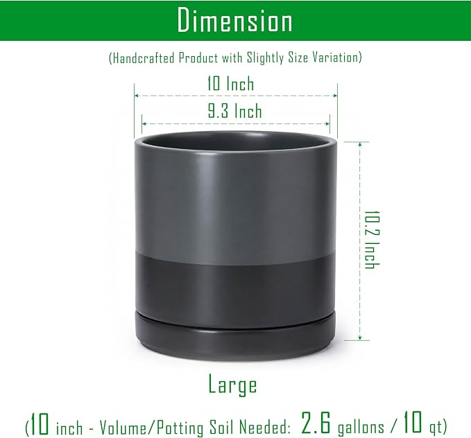 D'vine Dev 10 Inch Ceramic Planter Pot, Slate, 94-O-E-5 | Modern Cylinder Design, Drainage Hole & Saucer Included, Stable Structure, Elegant Home Accent