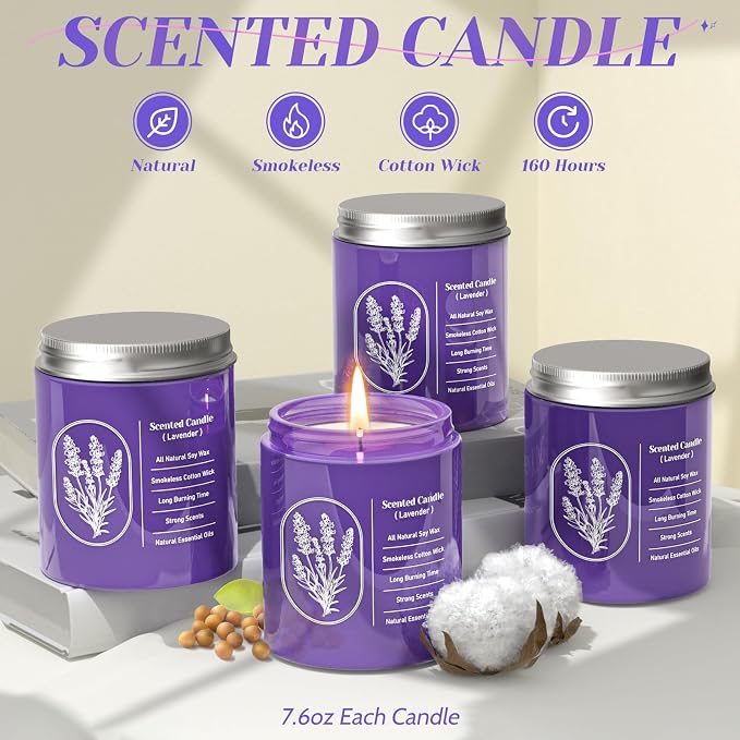 WarmEmbrace Lavender Scented Soy Candle for Women & Men, 7.6 Oz, 4 Packs | Highly Scented With Essential Oil & 40+ Hour Burn Time，Cotton Wick & Reusable Glass Jar For Home Or Gifting