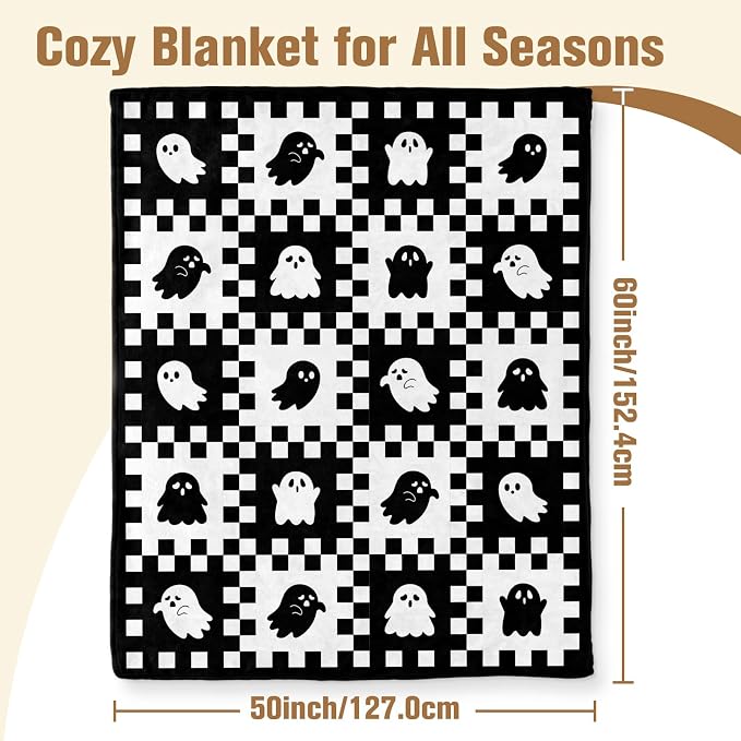 Aimego Ghost Halloween Blanket for Girl Boy Ghost Gifts Blanket Throw for Women Spooky Blankets for Home Decor Cute Skull Blanket White Checkered Blankets(50X60 Inch)