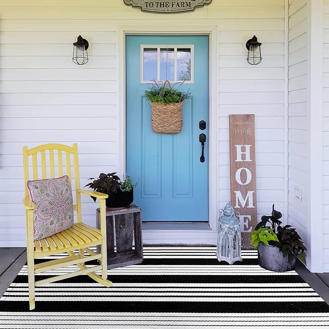 Black and White Outdoor Rug 3'x 5',Striped Farmhouse Front Porch Mat | Machine Washable Hand-Woven Outdoor Front Porch Rug Combined Use With Hello Welcome Mat