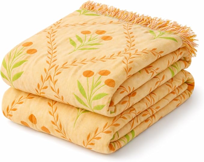 100% Cotton Boho Throw Blanket for Home Decor – Classic Farmhouse Quilt Bedding, Muslin Blankets for Adults, Vintage Woven Decorative Blanket for Couch, Bed Layering Use, Vintage Floral, 90"x90"