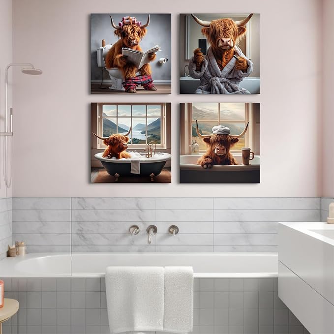 Rustic Cow Wall Art Funny Bathroom Wall Decor Abstract Wildlife Pictures for Kids Farmhouse Animal Posters Country Highland Cow Canvas Prints Longhorn Cattle Artwork Bedroom Home Decoration 20x20" 4P
