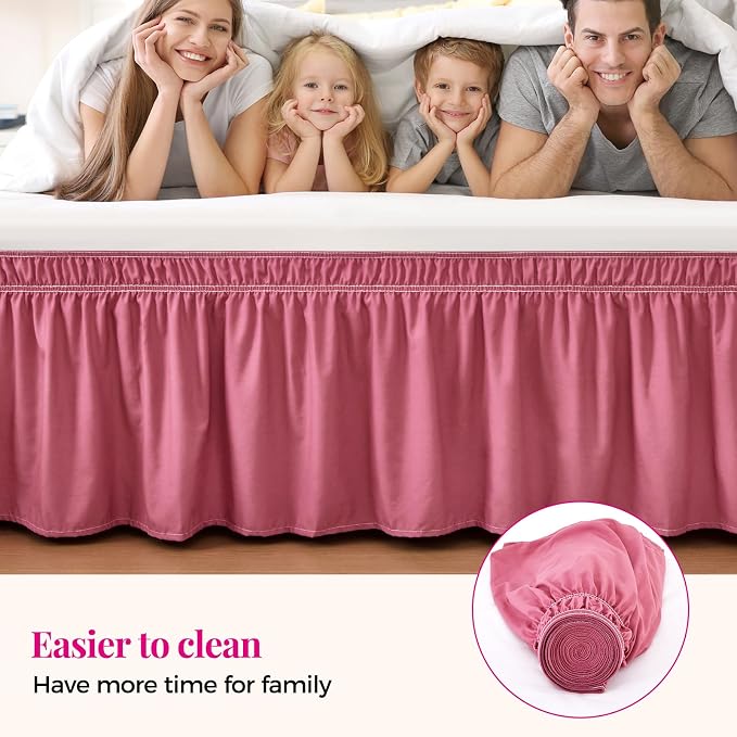 Dusty Red Bed Skirt King Size 15" Drop, Elastic Wrap Around Bedskirt | Solid Ruffled, Easy to Use, No Mattress Lifting, Wrinkle & Fade Resistant, with Adhesive Strips, Machine Wash/Dry/Iron