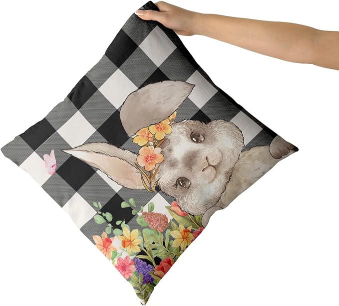 Giwawa Easter Pillow Covers 20x20 Inch, Easter Bunny Eggs Throw Pillowcases with Black White Buffalo Plaids, Cute Rabbit Spring Flower Cotton Cushion Cover for Sofa Couch Bedding Decor, Set of 2