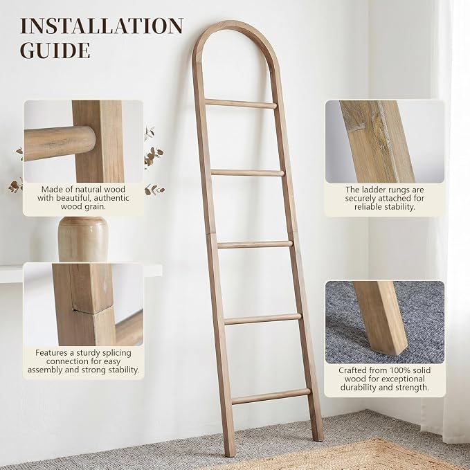 Wooden Blanket Ladder - Natural & Motley Wood - Leaning Wall Decor for Bedroom, Bathroom, Living Room - Rustic Quilt Holder & Towel Rack (Brown-Curved, 76in（5-Tier）)