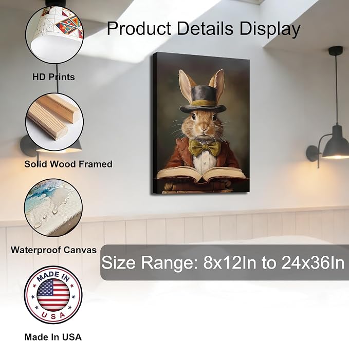 Mr Rabbit Portrait Canvas Prints 8x12, Vintage Artwork and Bunny Paintings Pictures Wall Art,Perfect for Spring Home Office Decor, Easter Bedroom, Living Room Wall Decorations