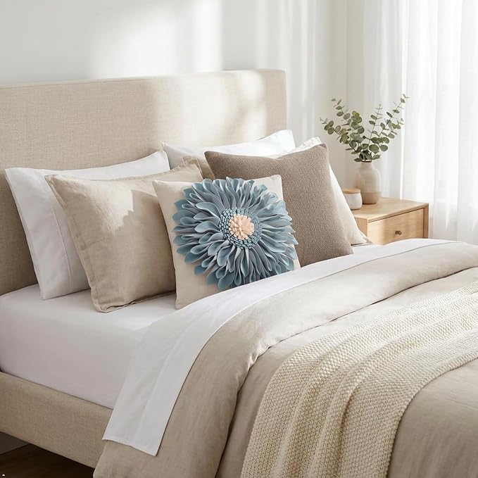 3D Flower Decorative Throw Pillow Covers 18x18 Inch Blue for Couch Floral | Handmade Elegant Aesthetic Sunflower Pattern Pillowcases Couch Living Room Boho Farmhouse Decor Dog Hair Resistant