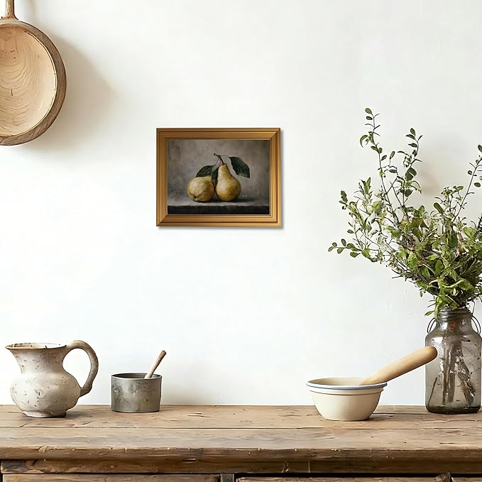 Vintage Gold Framed 3D Textured Wall Art Rustic Pear Still Life Wall Decor Picture Country Farmhouse Kitchen Antique Fruit Poster Cottagecore Aesthetic Print for Gallery Home Decoration 12x16in