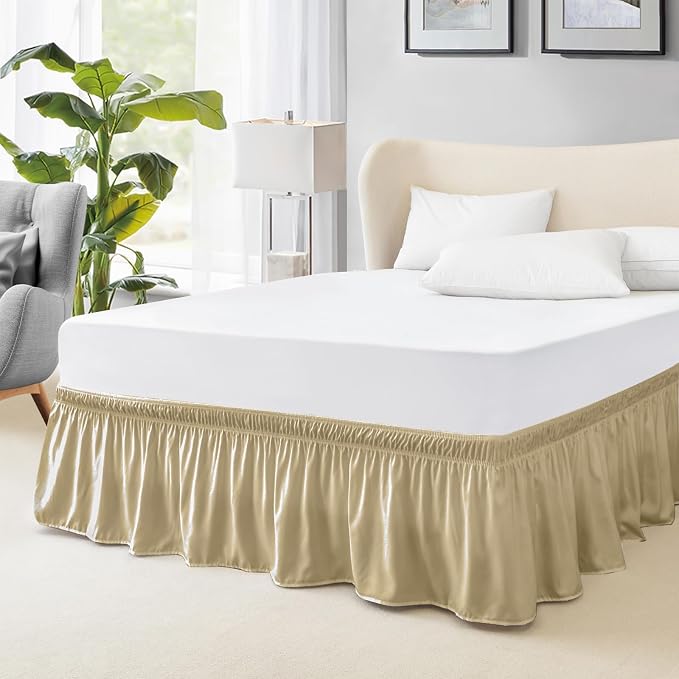 FreshCulture Elastic Wrap Around Bed Skirt - Easy Fit with 18-Inch Tailored Drop, Hotel Quality Dust Ruffle for Full Size Bed (Beige)