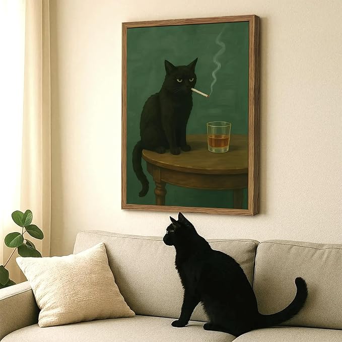 Moody Black Cat Wall Art, Funny Smoking Cat with Whiskey Wall Decor Painting Dark Humor Animal Bar Cart Poster Canvas Prints for Living Room Bedroom 12x16 inch Wood Framed