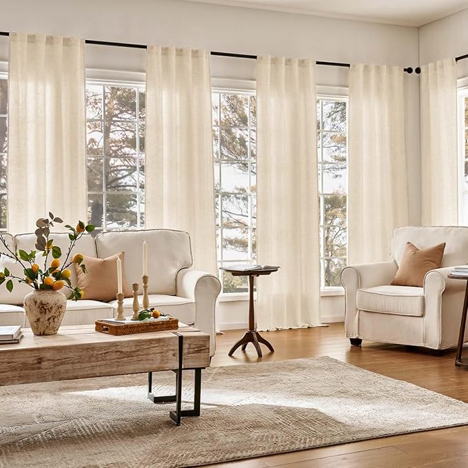 jinchan Lined Linen Curtains Privacy Back Tab 50x90 Inch 2 Panels Set Beige | Light Filtering Curtains with White Privacy Liner, Cottage Core Farmhouse Curtains for Living Room, Rod Pocket 90 Inch Length