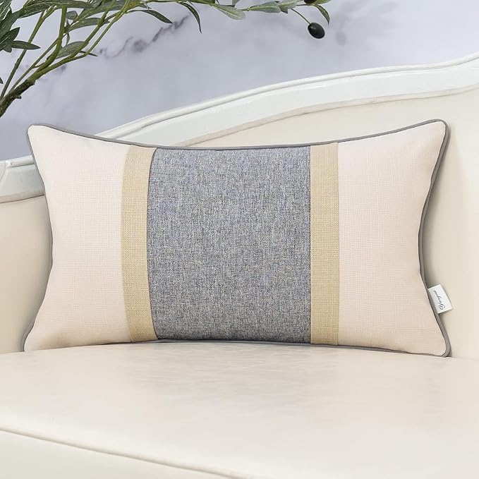 Yangest Patchwork Pillow Cover 12x20 Inch Luxury Cotton and Linen Cushion Cover Rectangle Pillowcover for Couch Bedroom Living Room,Gray