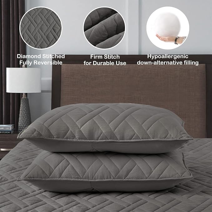 HORIMOTE HOME Quilt Set Queen Size Grey, Classic Geometric Diamond Stitched Pattern, Microfiber Ultra Soft Lightweight Bedspread Coverlet for All Season, 3 Piece Includes 1 Quilt and 2 Shams
