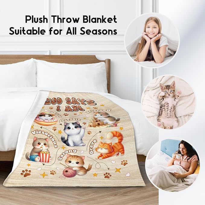God Says I Am Blanket for Kids, Adults - Cat Themed, Fleece Throw Blanket with Cats, 50"x60"