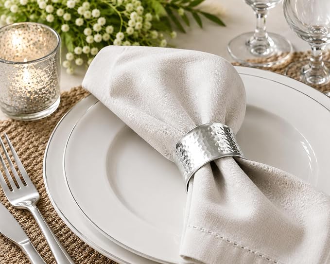 ITOS365 Handmade Round Hammered Silver Napkin Rings Holder for Dinning Table Parties Everyday, Set of 12