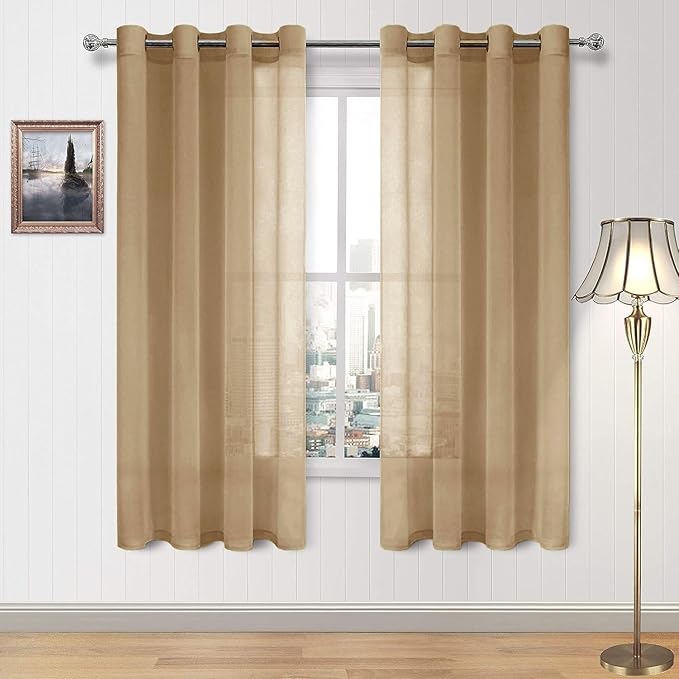 DWCN Sheer Curtains, Faux Linen Look Voile Semi Transparent Solid Grommet Top Window Sheer Curtains for Bedroom Living Room, Set of 2 Panels 52 x 72 Inch Long, Taupe
