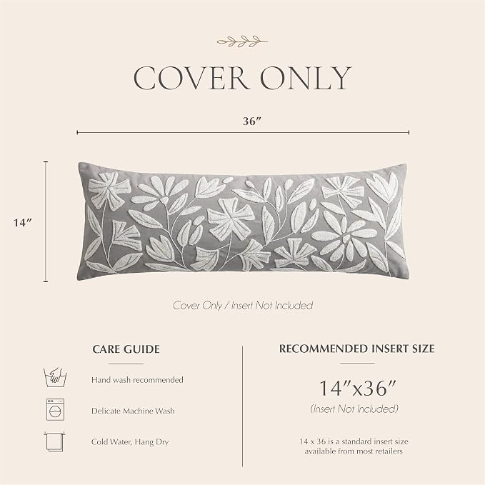 BlissBlush Long Lumbar Pillow Cover 14x36 for Bed, Light Gray Floral Tufted Velvet Accent Oversize Throw Pillowcase for Bedroom, Cover Only