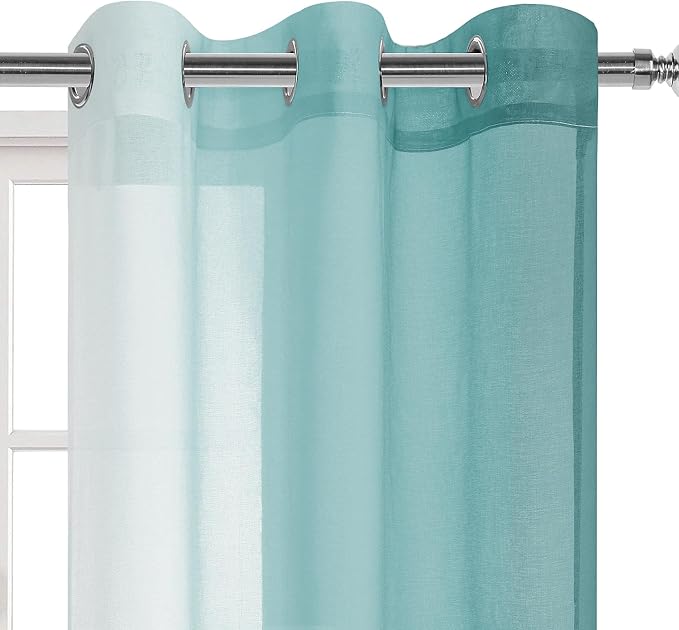 DWCN Faux Linen Ombre Sheer Curtains - Gradient Semi Voile Curtains for Bedroom and Living Room, Set of 2 Grommet Top Window Curtain Panels, 42 x 63 Inches Long, Peacock Blue