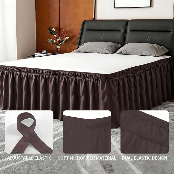 ANARACHON Queen Bed Skirt, Elastic Wrap Around Bed Skirt Queen Size, Bed Skirts for Adjustable Bed, Easy Fit with 18" Drop Length Tailored Drop Dust Ruffle (Brwon)