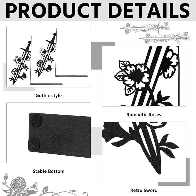 Geelin Metal Bookends Set of 2, Sword and Rose Design for Shelves