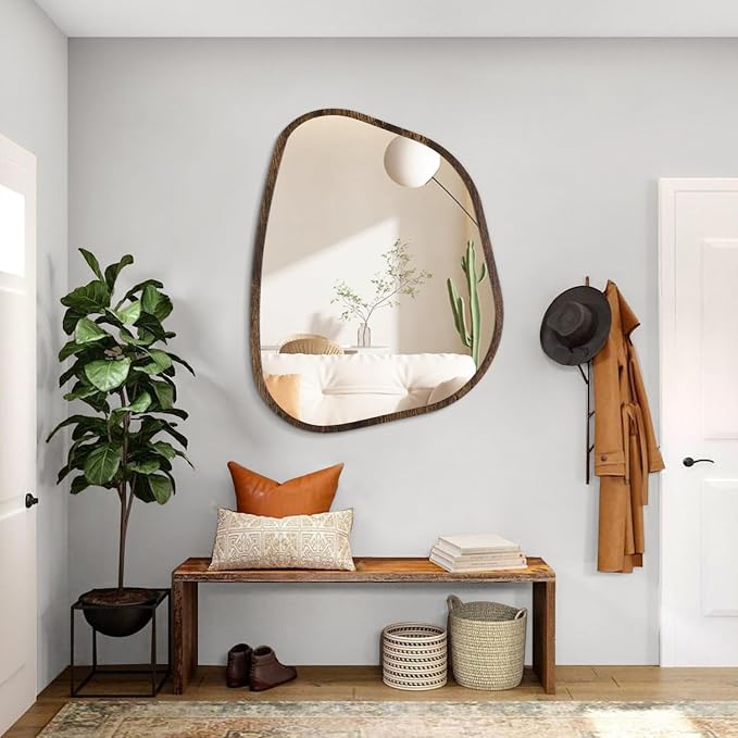 Asymmetrical Accent Mirror for Wall Irregular Oval Wood Frame Modern Unique Wall Mirror Decorative Boho Vanity Bathroom Living Room Bedroom Entryway Hallway Artistic Wavy Mirror Large 26"x18"