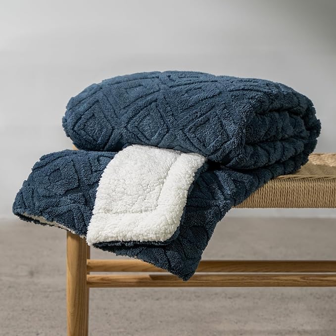 EverGrace Jacquard Reversible Sherpa Throw Blanket, 50" x 60", Stormy Blue | Jacquard Sherpa Throw Blanket, Super Soft, Cozy Plush Blanket, Reversible Thick Warm Throw for Bed, Sofa, Living Room