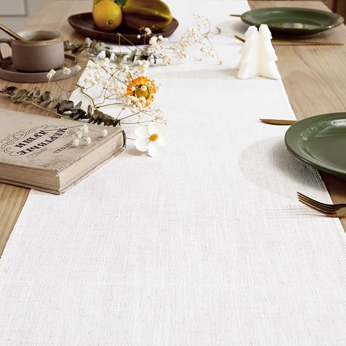 Cotton Linen Table Runner, 13x36 Inch, Off White with Hand Tassels | Linen Style Rustic Farmhouse Table Runners 36 Inches Long for Home Dresser Kitchen Dining Table Decor, Machine Wash
