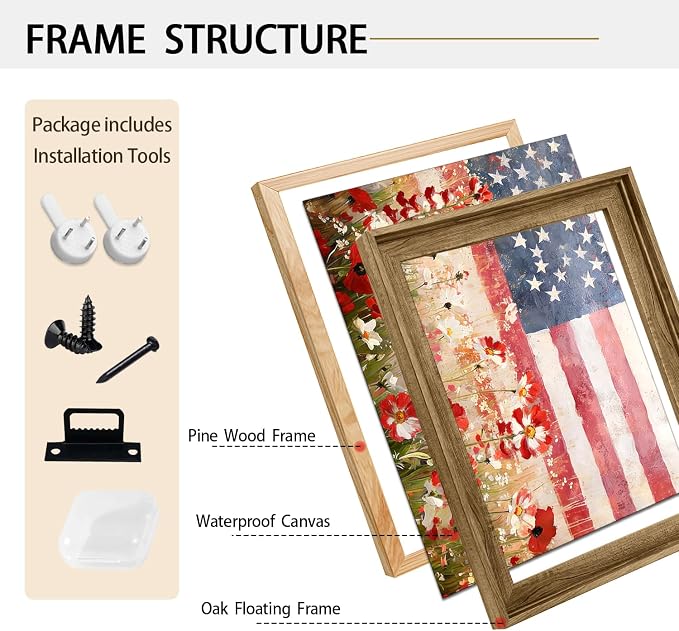 American Flag Framed Canvas Wall Art, 4th of July Patriotic Canvas Prints | Wildflower Meadow Landscape Poster Print, Vintage Rustic Independence Day Wall Decor for Bedroom Living Room 24×32in