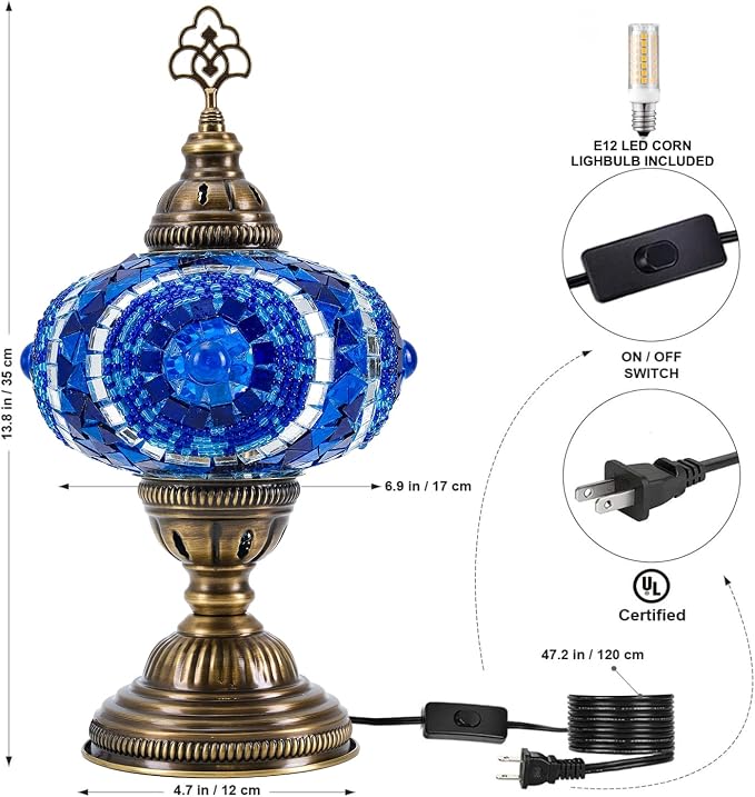 Turkish Lamp, Mosaic Table Lamp, Antique Moroccan Decorative Glass Bohemian Vintage Lamp Shade, Small Desk Tiffany Bedside Stained Glass Lamp with US Plug and E12 Socket