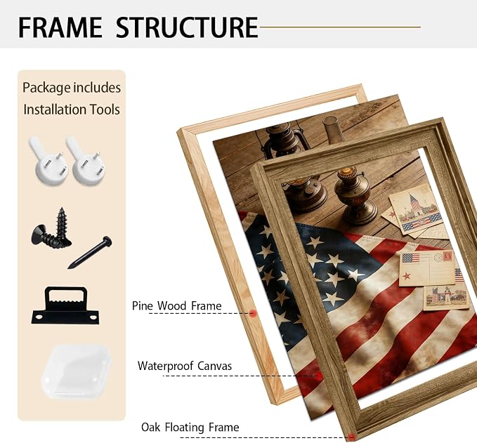 American Flag Framed Canvas Wall Art, 4th of July Patriotic Canvas Prints | USA Flag with Picture Poster Print, Modern Independence Day Wall Decor for Bedroom Living Room Office 16×20in