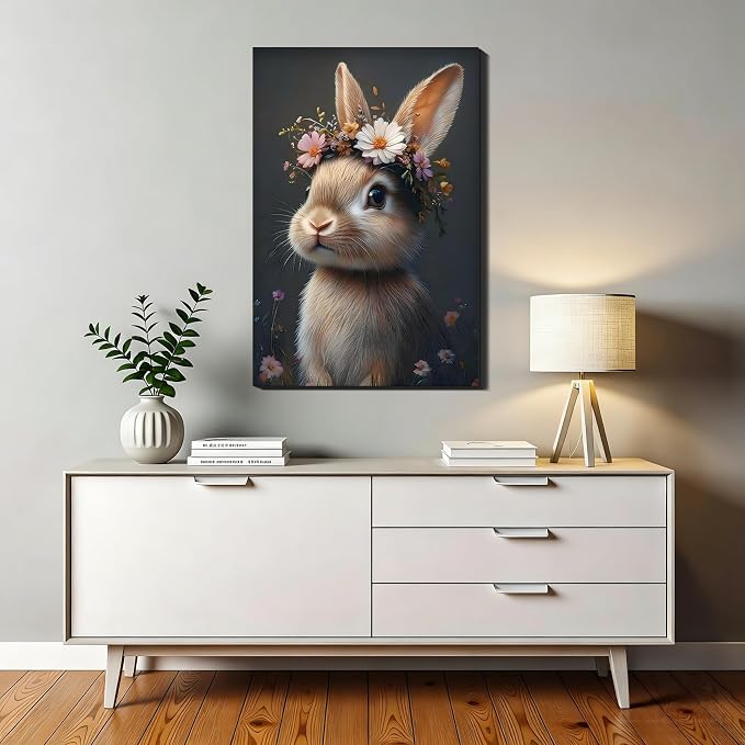 Easter Bunny with Flower Wreath Canvas Wall Art, Spring Animal Poster Prints for Nursery Wall Decor, Easter Rabbit Pictures for Living Room Bedroom Kid's Room Holiday Decoration