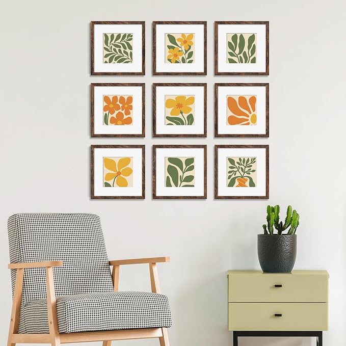 YESKAY 12x12 Picture Frame Set of 9, Photo Gallery Wall Frame Set, Display Pictures 8x8 with Mat or 12 x 12 Without Mat, Square Frame Picture Frames Collage Wall Decor, Rustic Brown