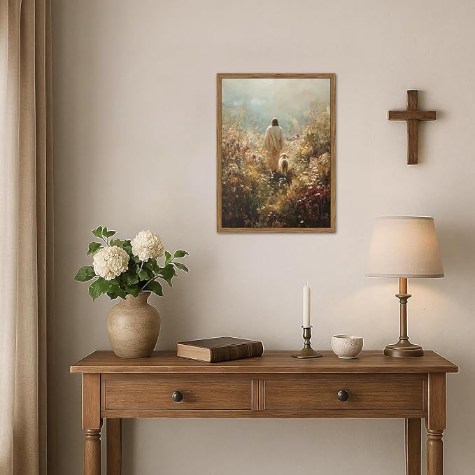 Jesus Leaves the 99 Sheep Wall Art Jesus and Lamb Wall Decor Pictures Christian Religious 3D Hand Drawn Sandstone Poster Painting Prints for Bedroom Living Prayer Room 16x24 inch Wood Framed