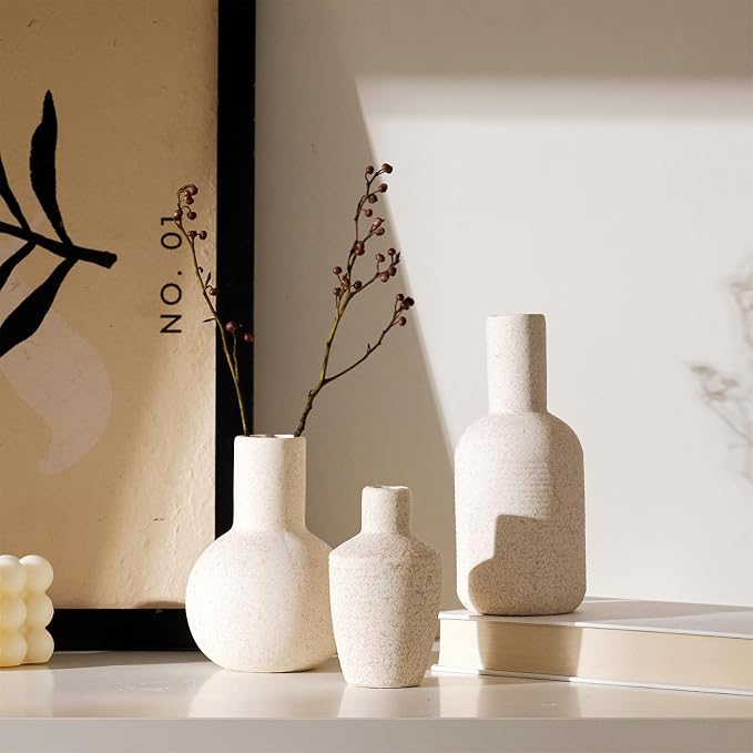 DN DECONATION Flower Vase Set of 3, Small Boho Vases for Table Home Decor | Rustic Farmhouse, Ceramic Vase for Pampas Grass, Dried Fresh Flowers, Modern Decorative Vases for Living Room, Bedroom, Shelf