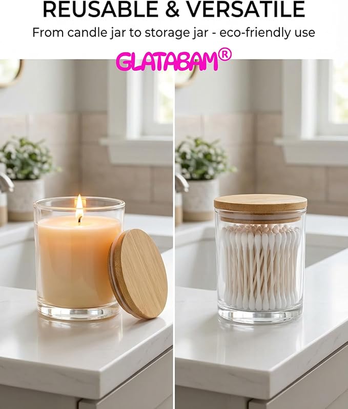 GLATABAM 10 OZ Candle Jars 12 Pack - Bulk Glass Candle Making Jars with Bamboo Lids & Labels, Heat Resistant Empty Reusable Candle Vessel for Containers(Clear)