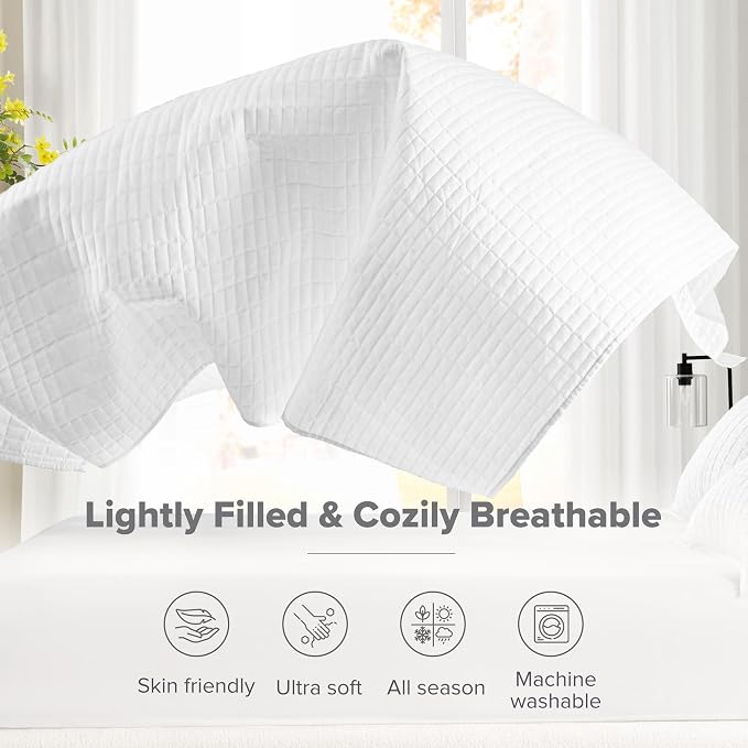 Comfort Spaces Oversized Bedspread Queen Quilt Set 3 Piece 102x 118 White | Coverlet for Summer Soft Cozy Lightweight All Season Quilted Extra Layer with Matching Sham, Bedroom Decor OEKO-TEX Certified