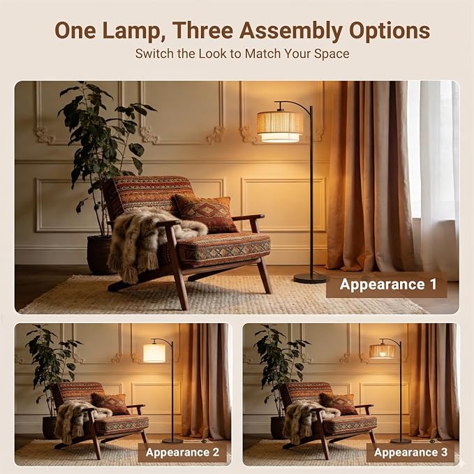 TJOY Arc Floor Lamp for Living Room, Boho Rattan & Fabric Shades